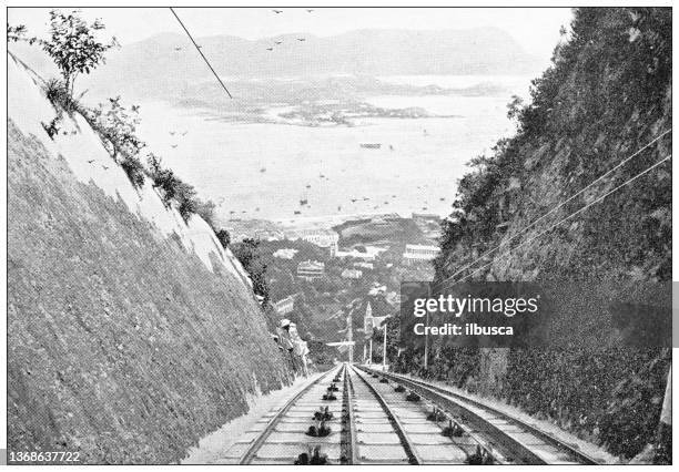 Antique Travel Photographs Of China And Hong Kong Cable Road To Victoria Peak, Stockfoto
