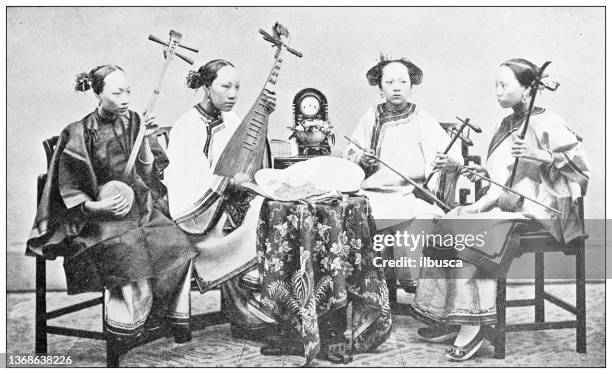 antique travel photographs of china: musicians - song china stock illustrations