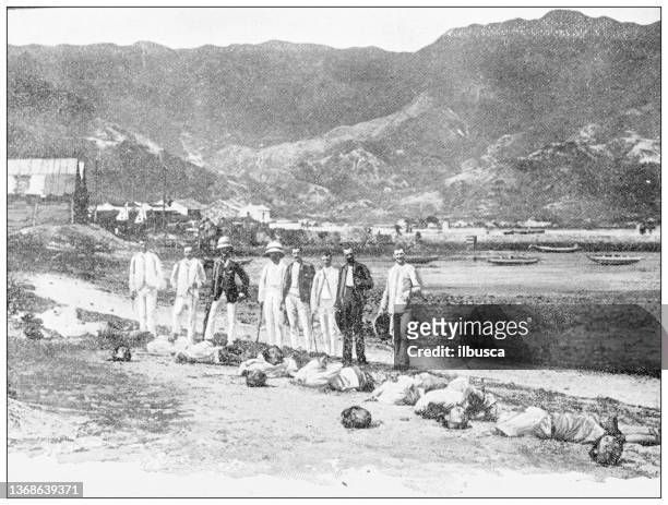 antique travel photographs of china: execution death penalty of pirates - china execution stock illustrations
