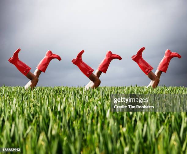 row of legs in the air wearing red boots. - botas azules fotografías e imágenes de stock