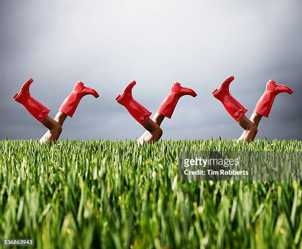 row of legs in the air wearing red boots. - blue boot stock pictures, royalty-free photos & images