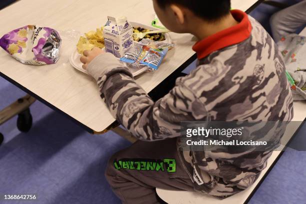 Student eats a vegan meal served for lunch at Yung Wing School P.S. 124 on February 04, 2022 in New York City. Starting today, the Department of...