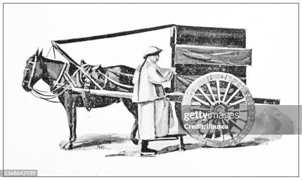 antique travel photographs of china: man with cart carriage - animal powered vehicle stock illustrations