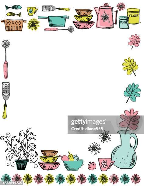cute retro kitchen floral border - old kettle stock illustrations