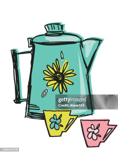 retro flat color kettle - old kettle stock illustrations