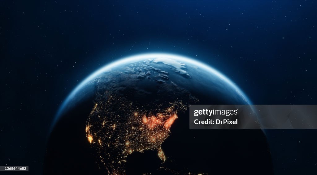 Planet Earth Seen from Space. The USA and Canada on the Dark Size of the Planet.