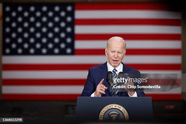 President Joe Biden deliver remarks about project labor agreements at Ironworkers Local 5 on February 04, 2022 in Upper Marlboro, Maryland. Biden...