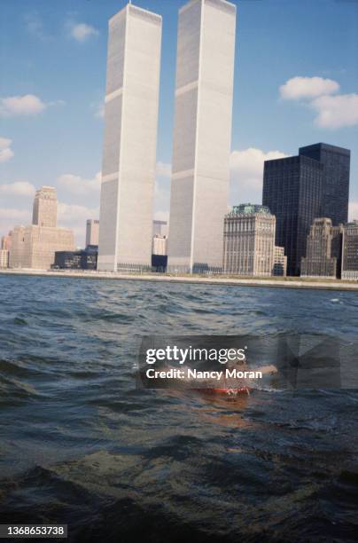 Swimmer Diana Nyad is photographed swimming in the Hudson River around lower Manhattan in preparation for her swim from Florida to Cuba from October...