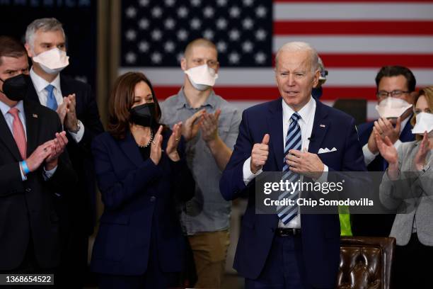 President Joe Biden gives a thumbs-up after signing an executive order about project labor agreements with Vice President Kamala Harris, Labor...