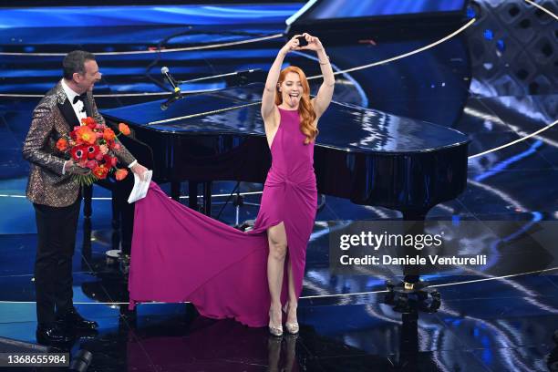 Amadeus and Noemi attend the 72nd Sanremo Music Festival 2022 at Teatro Ariston on February 04, 2022 in Sanremo, Italy.