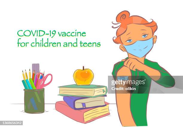 ilustraciones, imágenes clip art, dibujos animados e iconos de stock de niña vacunada - teacher desk