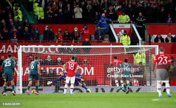 Cristiano Ronaldo of Manchester United shoots wide of Middlesbrough goalkeeper Joe Lumley to miss a penalty during the Emirates FA Cup Fourth Round...