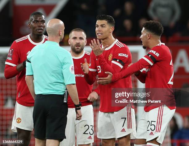 Paul Pogba, Cristiano Ronaldo and Jadon Sancho of Manchester United complain to Referee Anthony Taylor after Duncan Watmore of Middlesbrough scored a...