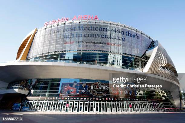 The exterior of the T-Mobile Arena displays the NHL All-Star game logo before the 2022 NHL All-Star Skills competition outside the T-Mobile Arena on...