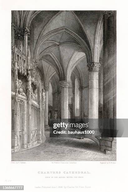 ilustraciones, imágenes clip art, dibujos animados e iconos de stock de catedral francesa, catedral de chartres, rouen, francia, grabado francés antiguo, 1837 - chartres cathedral stock illustrations