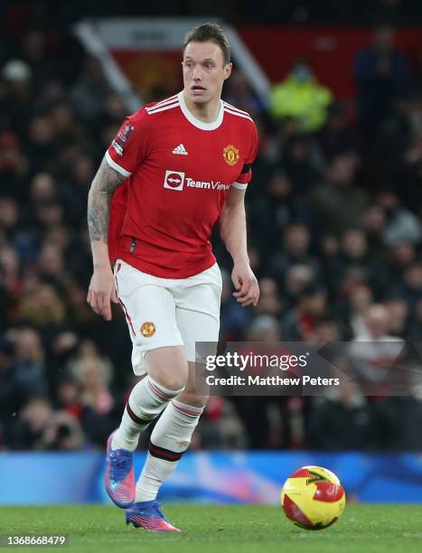 Phil Jones of Manchester United in action during the Emirates FA Cup Fourth Round match between Manchester United and Middlesbrough at Old Trafford...