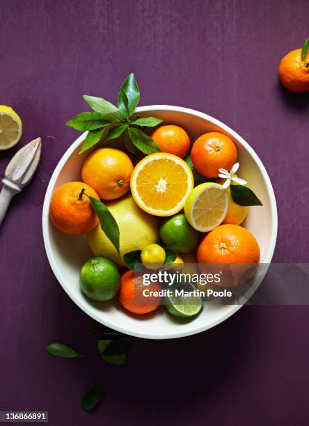 bowl of citrus fruit overhead - fruitschaal stockfoto's en -beelden