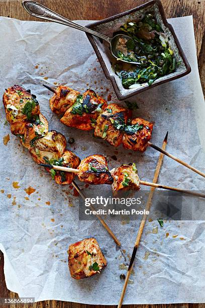 chicken kebabs with salsa on parchment - cooked chicken stock pictures, royalty-free photos & images