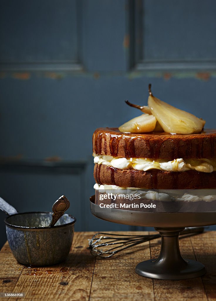 Poached pear and cream layered cake