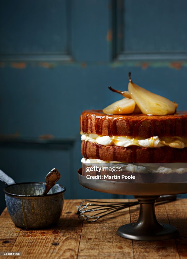 Poached pear and cream layered cake