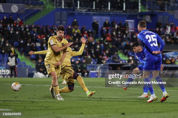 Carles Alena of Getafe CF scores their third goal during the LaLiga Santander match between Getafe CF and Levante UD at Coliseum Alfonso Perez on...