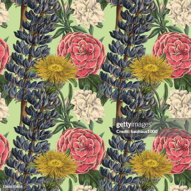 victorian botanical, hand-colored, seamless repeating pattern. realistic blooming isolated flowers vintage fabric background. beautiful cottage garden and wildflowers. wallpaper baroque. drawing engraving. victorian illustration. stock illustration - baroque pattern stock illustrations