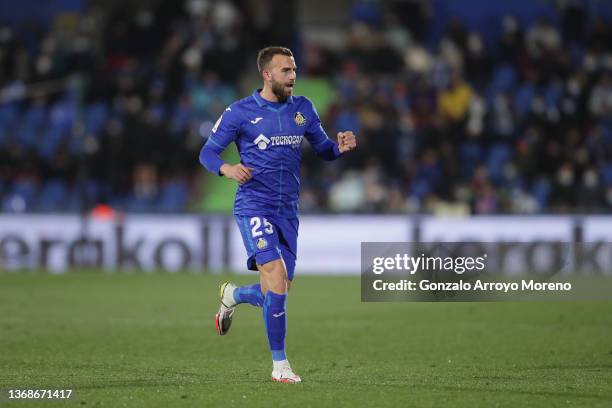 Borja Mayoralof Getafe CF celebrates during the LaLiga Santander match between Getafe CF and Levante UD at Coliseum Alfonso Perez on February 04,...