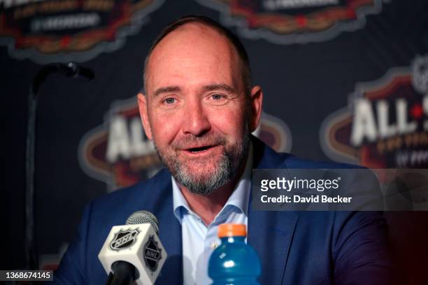 Head coach Peter DeBoer of the Vegas Golden Knights speaks during the Media Day as part of the 2022 NHL All-Star Weekend on February 04, 2022 in Las...