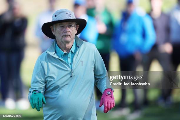 Actor Bill Murray reacts on the 17th hole during the second round of the AT&T Pebble Beach Pro-Am at Spyglass Hill Golf Course on February 04, 2022...