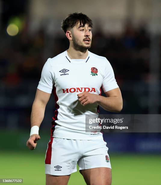 Ethan Grayson of England looks on during Under 20's Six Nations match between Scotland U20 v England U20 at DAM Health Stadium on February 04, 2022...