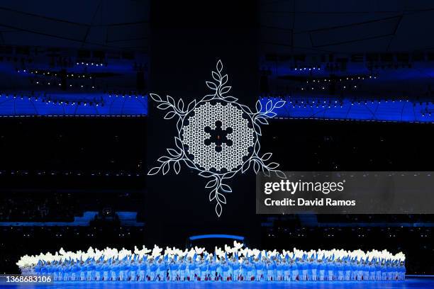 General View of the Olympic Cauldron during the Opening Ceremony of the Beijing 2022 Winter Olympics at the Beijing National Stadium on February 04,...