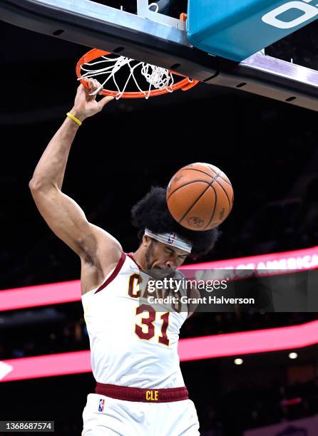 Jarrett Allen of the Cleveland Cavaliers dunks against the Charlotte Hornets during the first half of their game at Spectrum Center on February 04,...