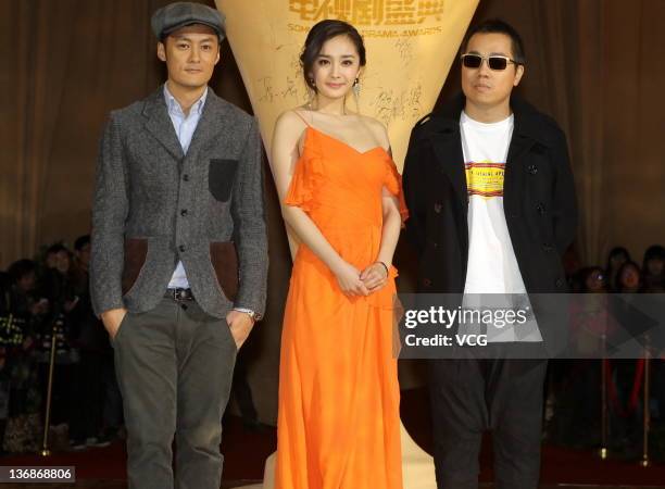 Actor Shawn Yue, actress Yang Mi and director Pang Ho-Cheung attend the SOHU.COM TV Drama Awards at Beijing Exhibition Center Theatre on January 11,...