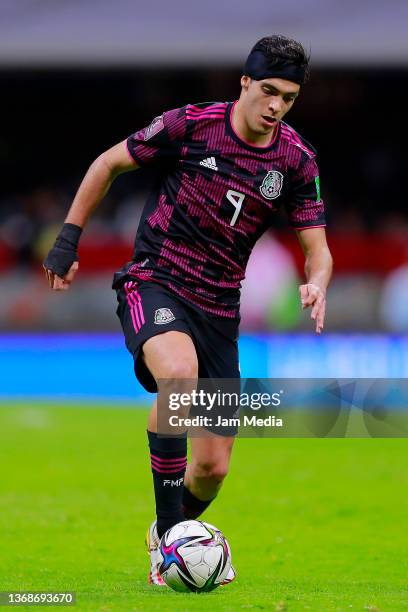 Raul Jimenez of Mexico drives the ball during the match between Mexico and Panama as part of the Concacaf 2022 FIFA World Cup Qualifier at Azteca...