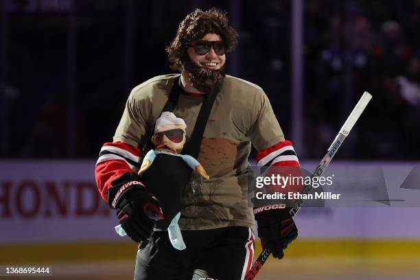 Alex DeBrincat of the Chicago Blackhawks looks on during the 2022 NHL All-Star Skills at T-Mobile Arena on February 04, 2022 in Las Vegas, Nevada.