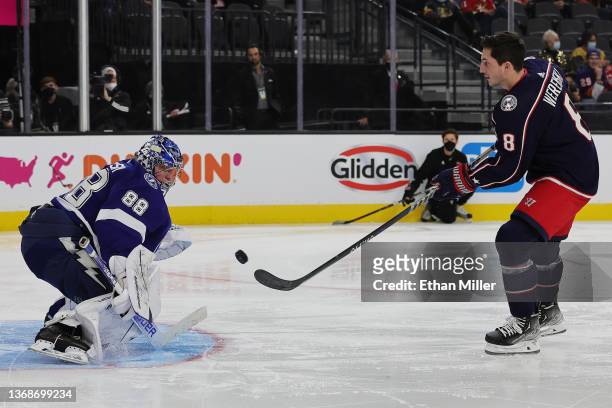 Zach Werenski of the Columbus Blue Jackets attempts to shoot the puck past Andrei Vasilevskiy of the Tampa Bay Lightning during the Save Streak...