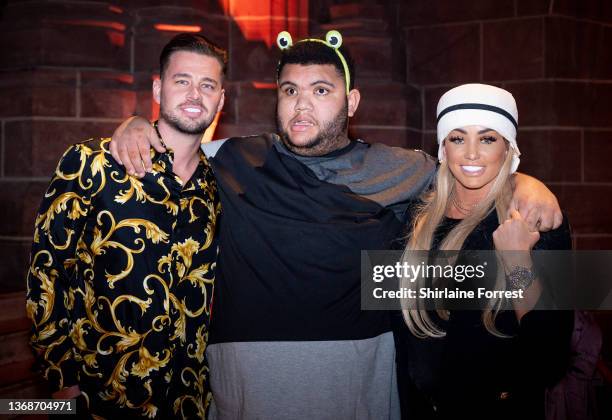 Harvey Price, Katie Price and Carl Woods attend the National Diversity Awards at Liverpool Cathedral on February 04, 2022 in Liverpool, England.