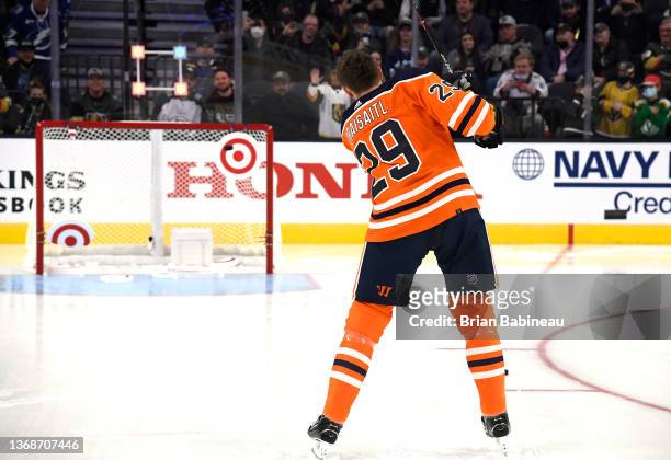 Leon Draisaitl of the Edmonton Oilers competes in the Honda NHL Accuracy Shooting during the 2022 NHL All-Star Skills as part of the 2022 NHL...