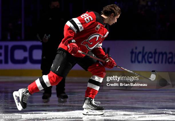 Jack Hughes of the New Jersey Devils competes in the adidas NHL Breakaway Challenge during the 2022 NHL All-Star Skills as part of the 2022 NHL...