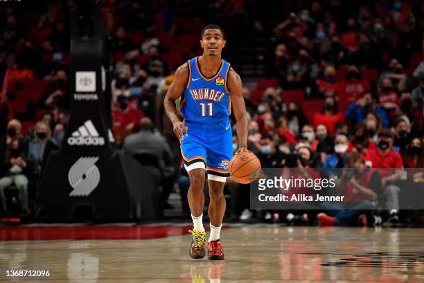 Theo Maledon of the Oklahoma City Thunder brings the ball up court during the fourth quarter of the game against the Portland Trail Blazers at the...