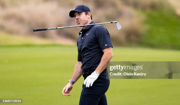 Rory McIlroy of Northern Ireland during Day One of the Abu Dhabi HSBC Championship at Yas Links Golf Course on January 20, 2022 in Abu Dhabi, United...