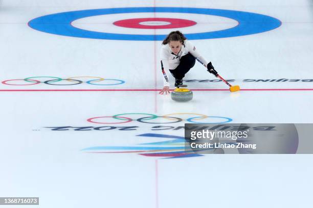 Jennifer Dodds of Team Great Britain competes against Team Czech Republic during the Curling Mixed Doubles Round Robin on Day 1 of the Beijing 2022...