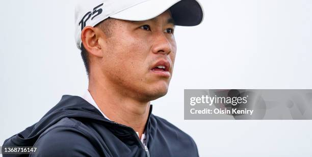 Collin Morikawa of The USA during Day Two of the Abu Dhabi HSBC Championship at Yas Links Golf Course on January 21, 2022 in Abu Dhabi, United Arab...