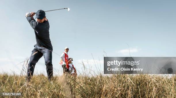 Rory McIlroy of Northern Ireland during Day Two of the Abu Dhabi HSBC Championship at Yas Links Golf Course on January 21, 2022 in Abu Dhabi, United...