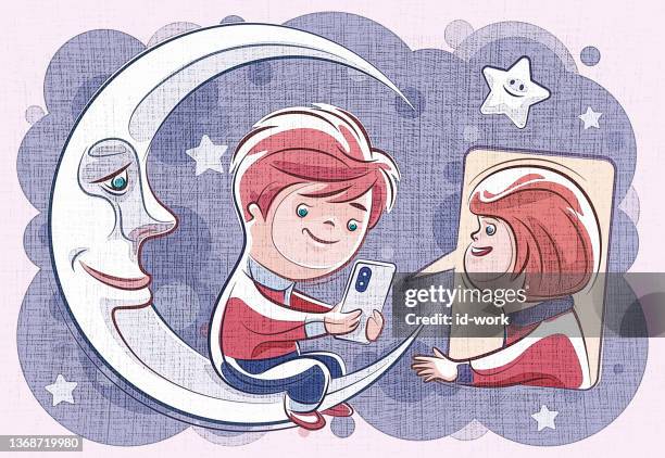 kid sitting on crescent moon and chatting with friend via smartphone - midnight stock illustrations