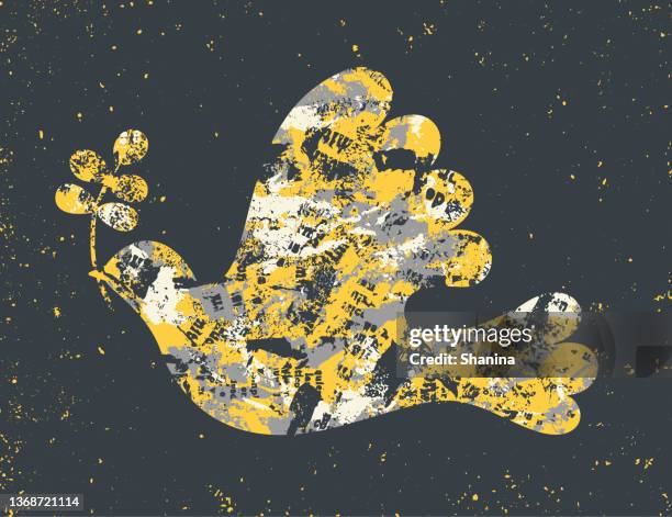 dove of peace - grunge torn paper collage textures - olive leaf isolated stock illustrations