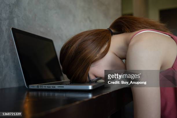 tired woman sleeping over her laptop in a desk cause of burnout. - hangover work stock pictures, royalty-free photos & images
