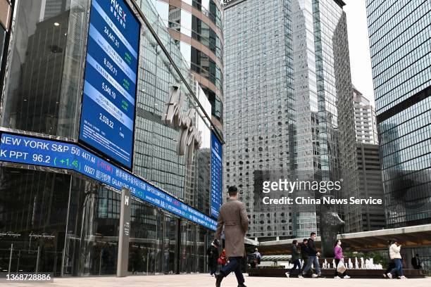 People walk by the Hong Kong Stock Exchange on February 4, 2022 in Hong Kong, China.