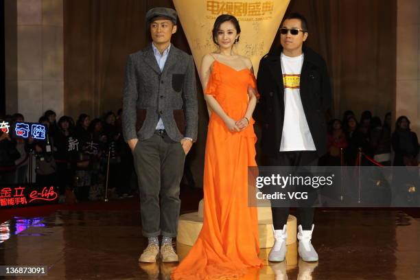 Actor Shawn Yue, actress Yang Mi and director Pang Ho-Cheung attend the SOHU.COM TV Drama Awards at Beijing Exhibition Center Theatre on January 11,...