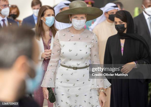 Queen Mathilde of Belgium followed by Foreign Minister Sophie Wilmès arrive at the Belgium National Day at the Dubai Expo 2020 on February 5, 2022 in...